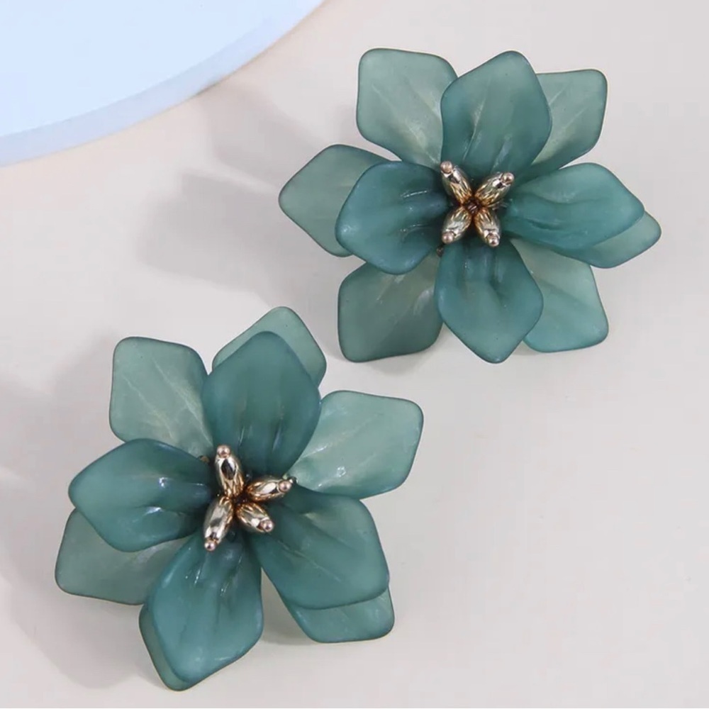 Large bold teal flower floral stud earrings